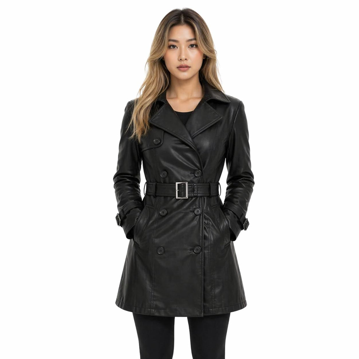 Women's Leather Belted Trench Car Coat | Black The Stitch Fit