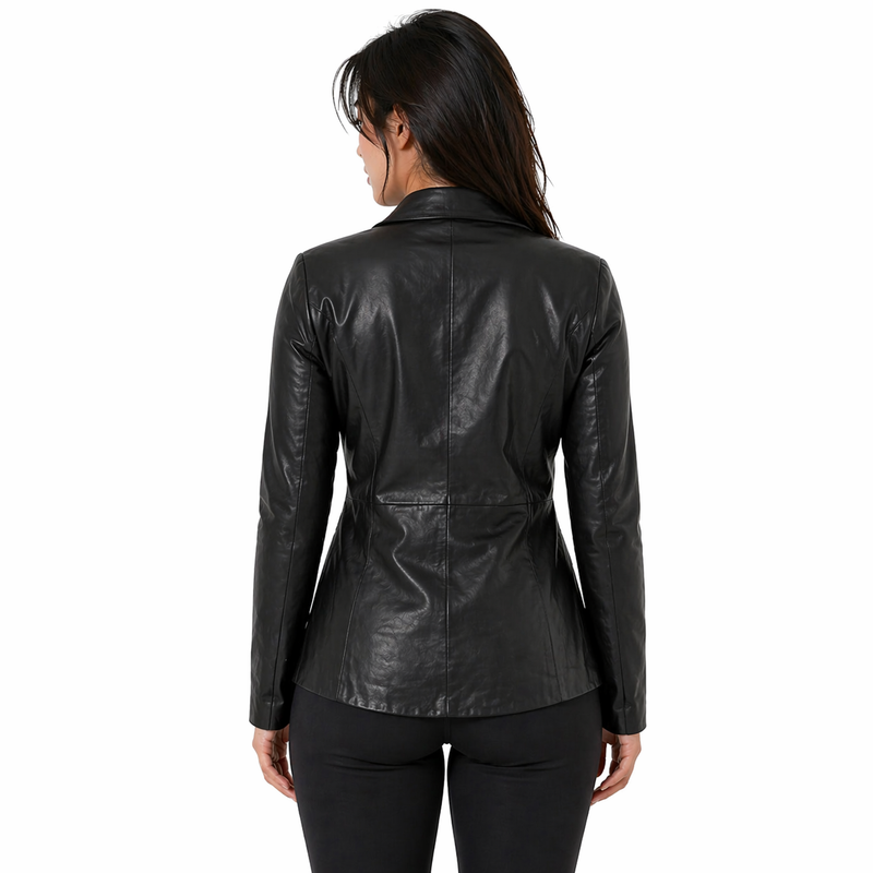 Woman wearing a Women's Leather Blazer Coat | Black The Stitch Fit