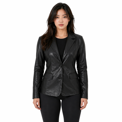 Woman wearing a Women's Leather Blazer Coat | Black The Stitch Fit