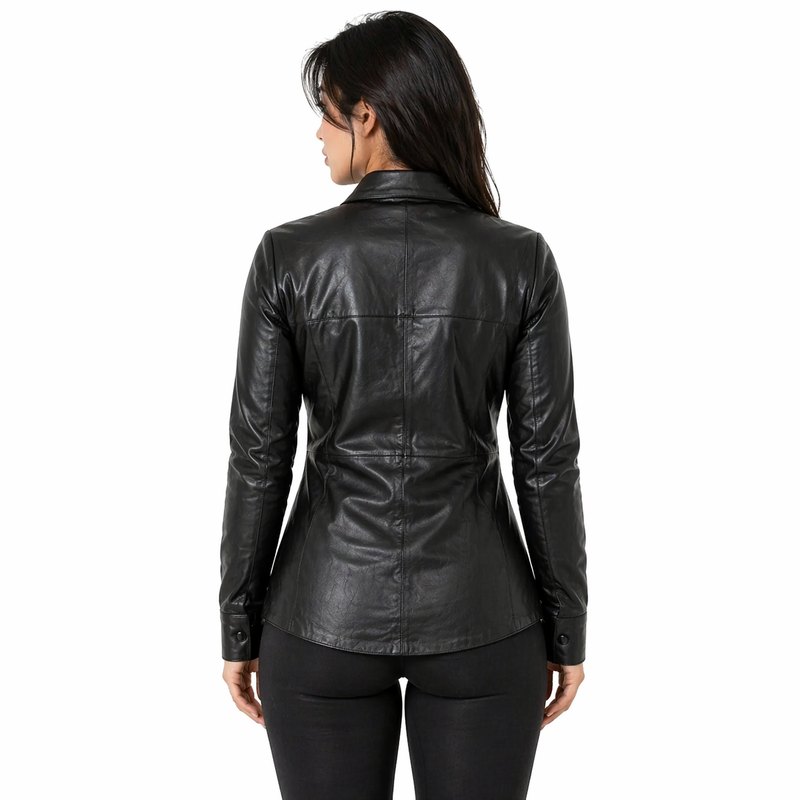 Women's Leather Shirt Collar Leather Jacket | Black