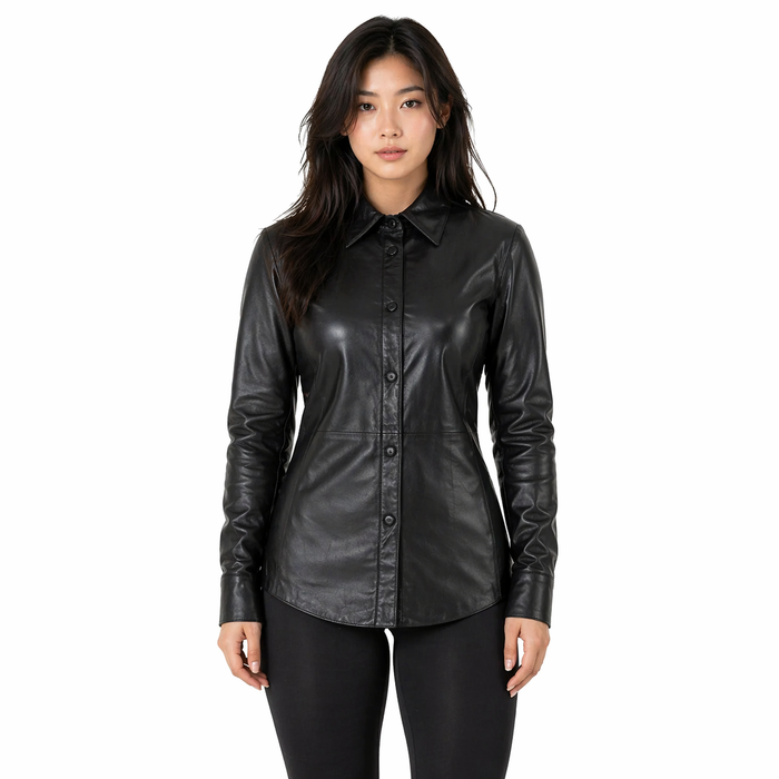 Women's Leather Shirt Collar Leather Jacket | Black