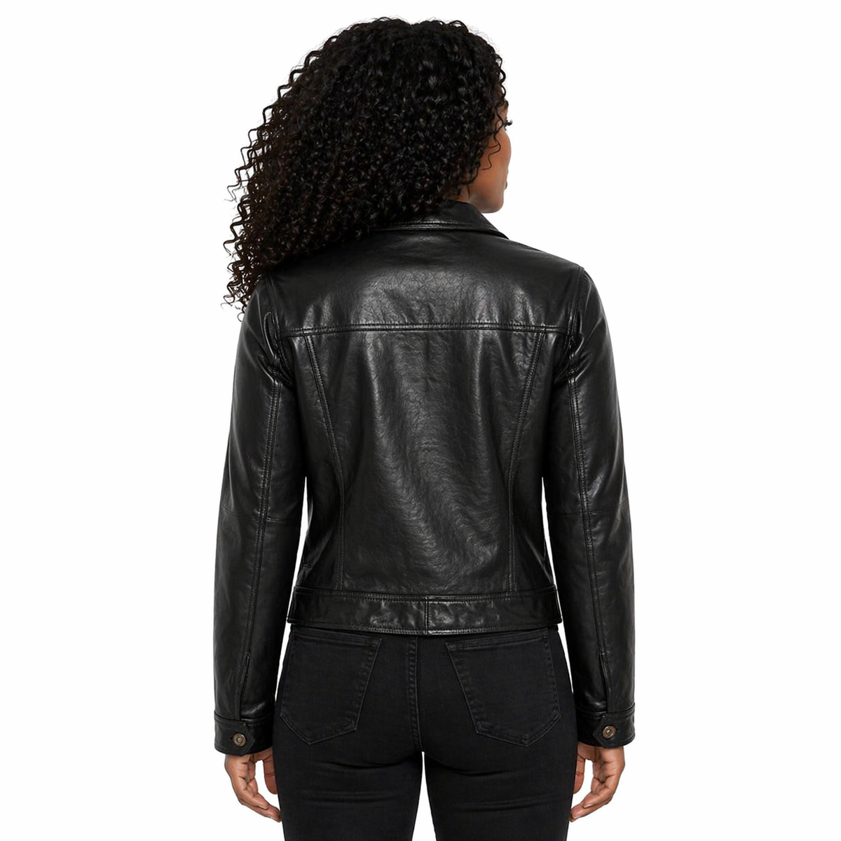Person wearing a Women's Leather Trucker Jacket, Lambskin, Zip Front | Black The Stitch Fit