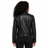 Person wearing a Women's Leather Trucker Jacket, Lambskin, Zip Front | Black The Stitch Fit