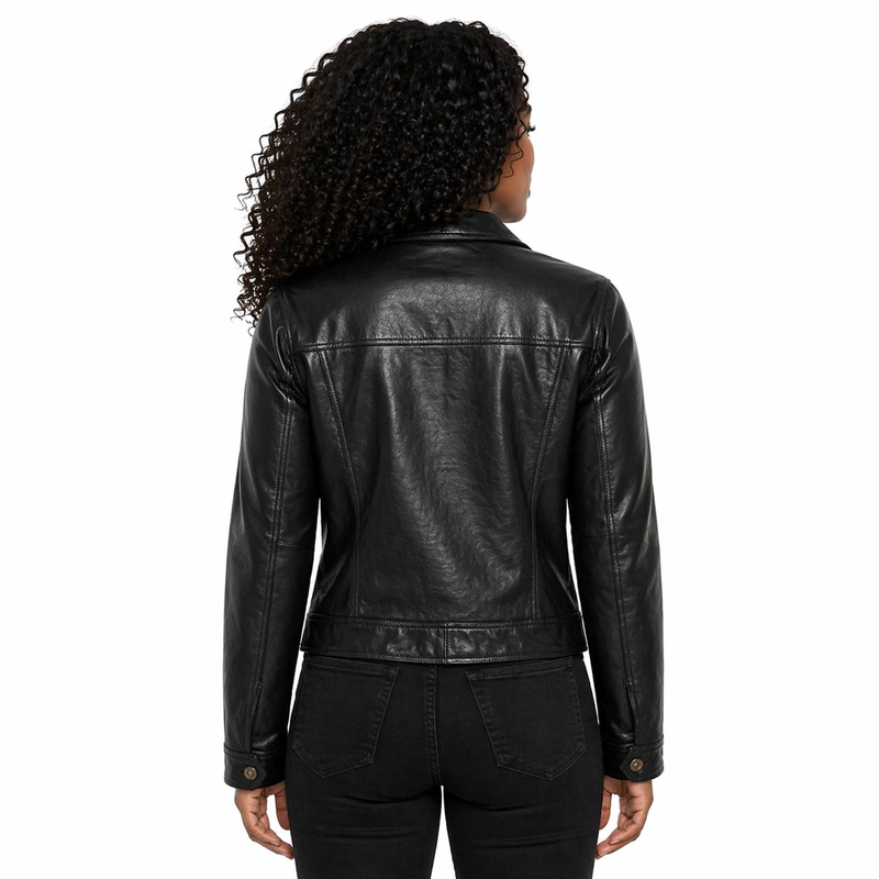 Person wearing a Women's Leather Trucker Jacket, Lambskin, Zip Front | Black The Stitch Fit