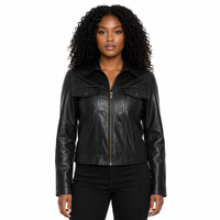 Women's Leather Trucker Jacket, Lambskin, Zip Front | Black The Stitch Fit