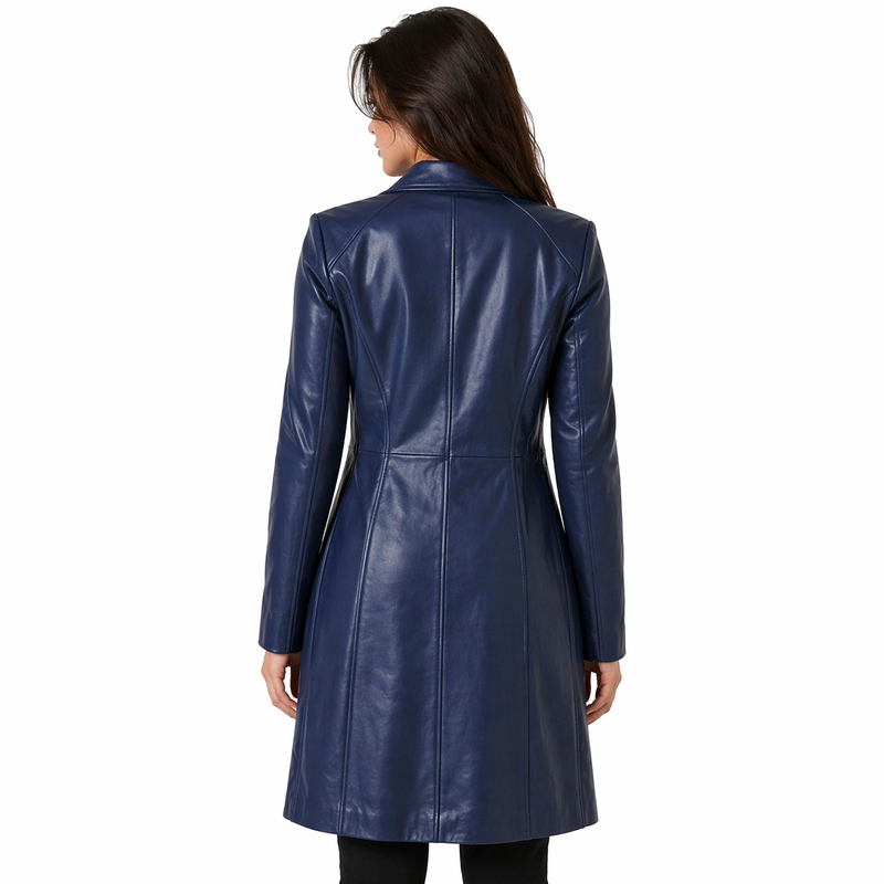Women's Real Long Leather Trench Coat | Blue The Stitch Fit
