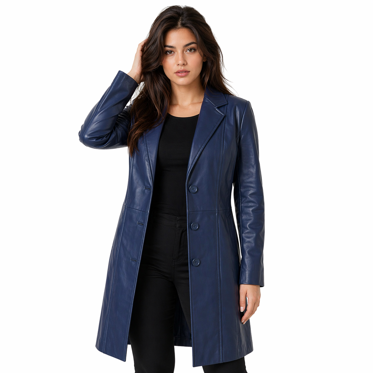 Women's Real Long Leather Trench Coat | Blue The Stitch Fit