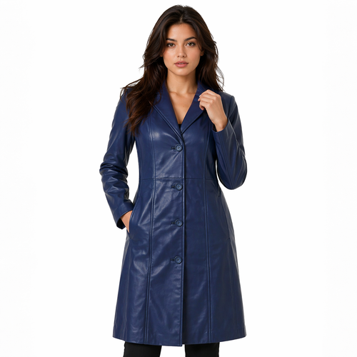 Women's Real Long Leather Trench Coat | Blue The Stitch Fit