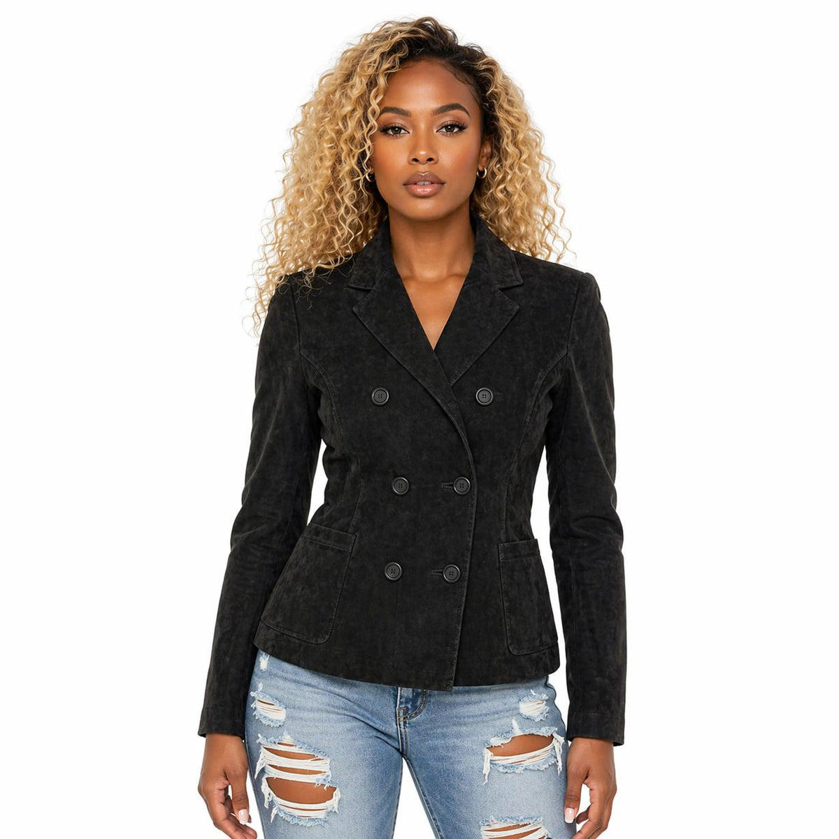 Woman wearing a Suede Leather Formal Business Double Breasted Jacket, Notched Lapel Collar | Black The Stitch Fit