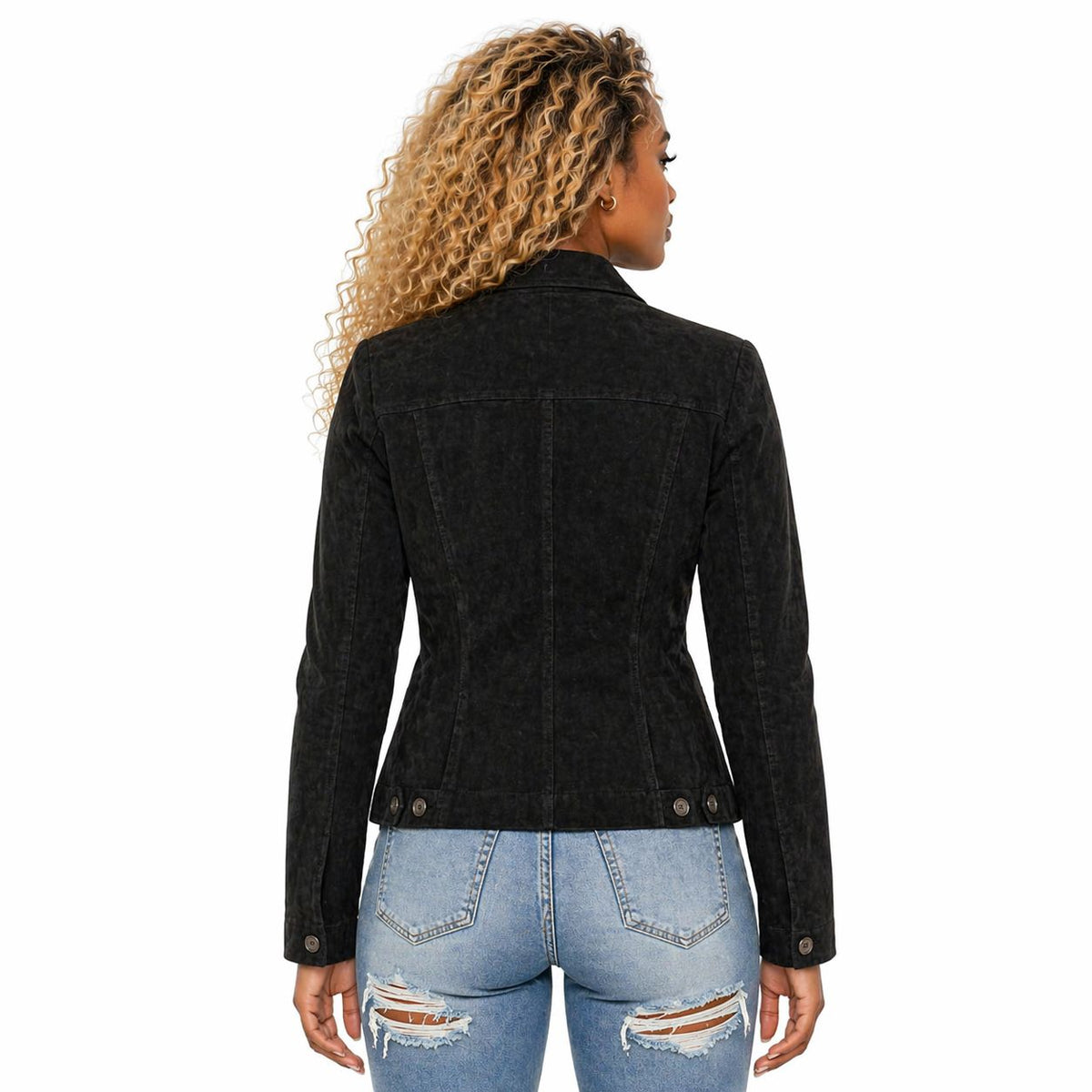 Woman wearing a Suede Leather Formal Business Double Breasted Jacket, Notched Lapel Collar | Black The Stitch Fit