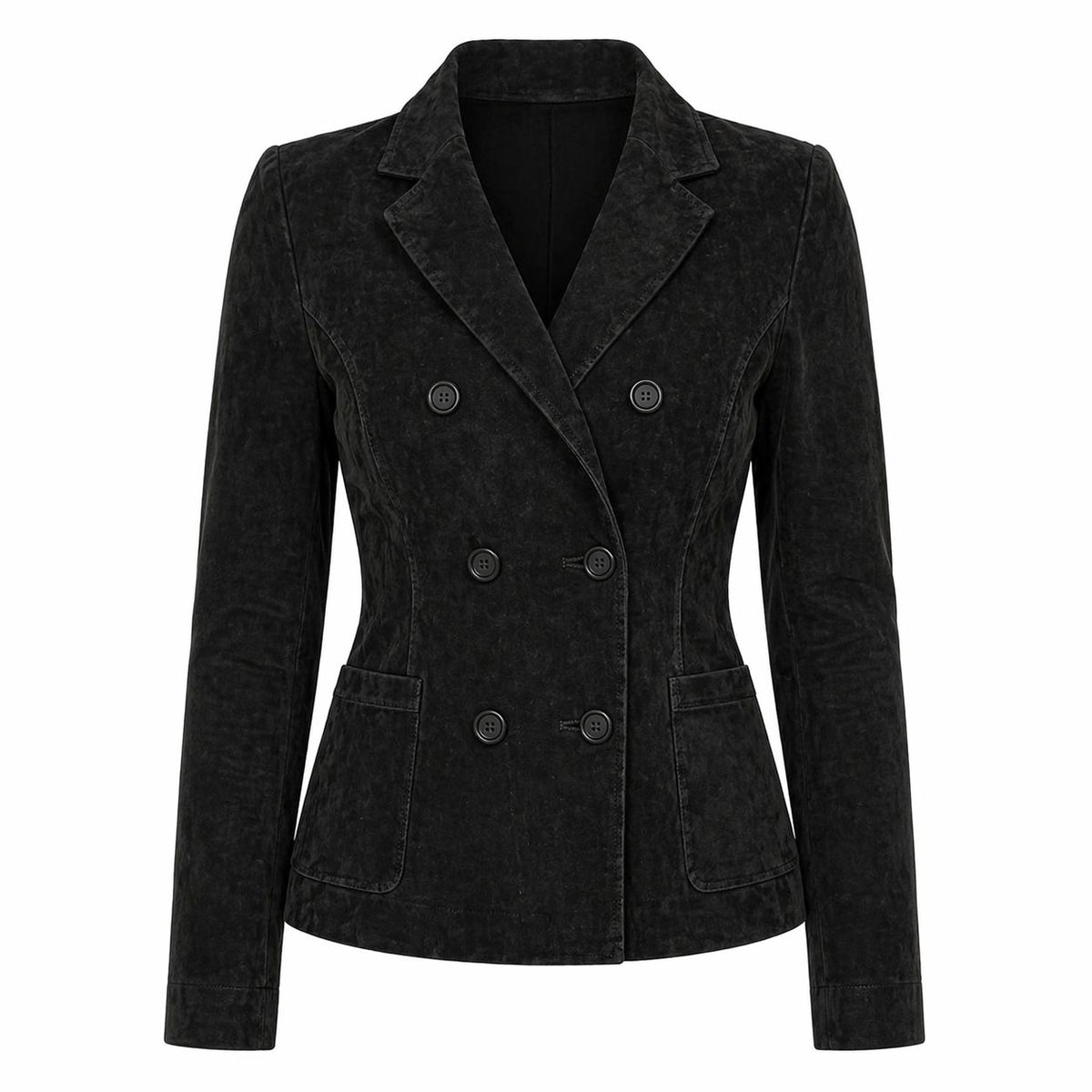 Women's Suede Leather Formal Business Double Breasted Jacket, Notched Lapel Collar | Black The Stitch Fit