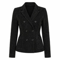 Women's Suede Leather Formal Business Double Breasted Jacket, Notched Lapel Collar | Black The Stitch Fit