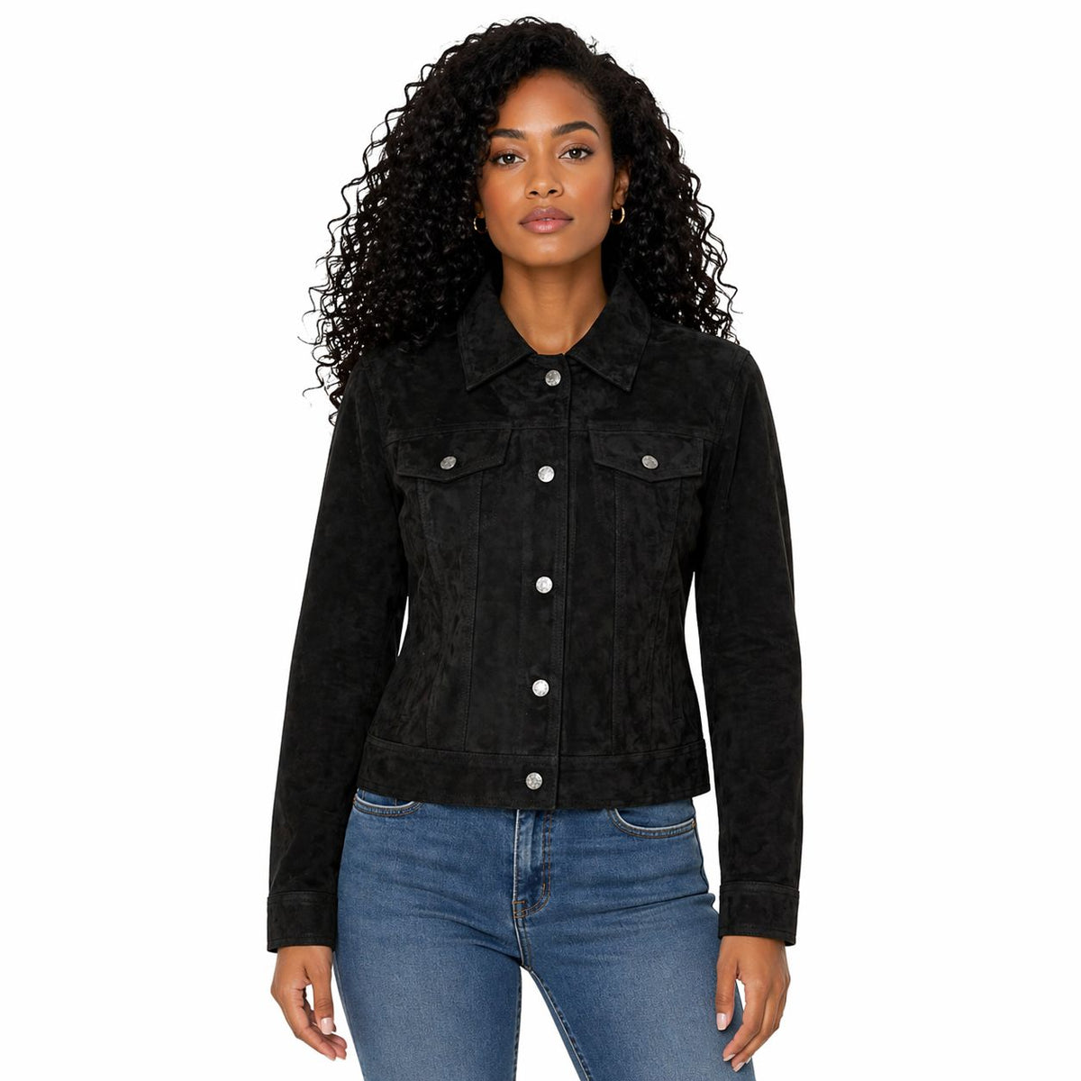 Woman wearing a Women's Suede Vintage Jacket, Leather Biker Style | Black The Stitch Fit