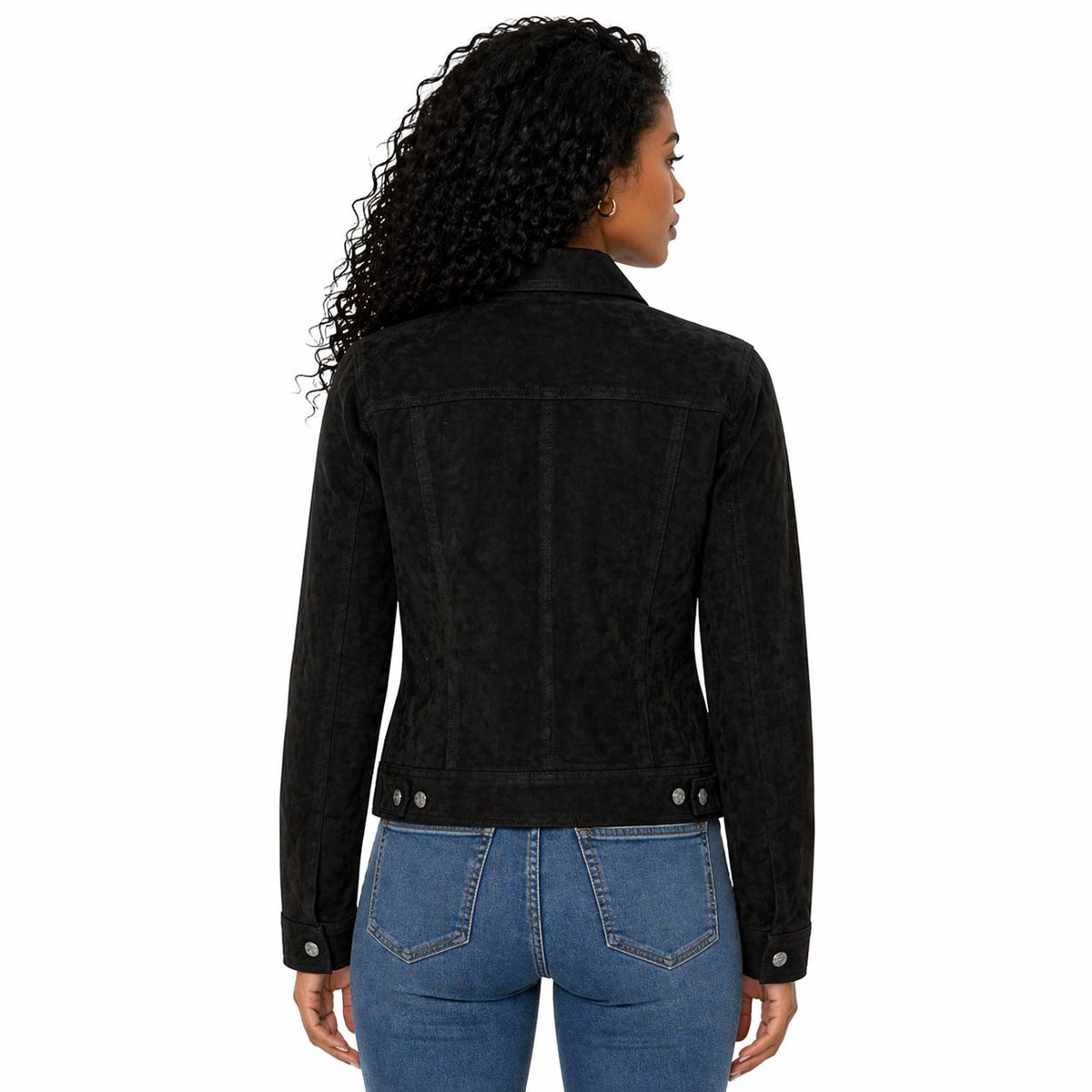 Woman wearing a Women's Suede Vintage Jacket, Leather Biker Style | Black The Stitch Fit