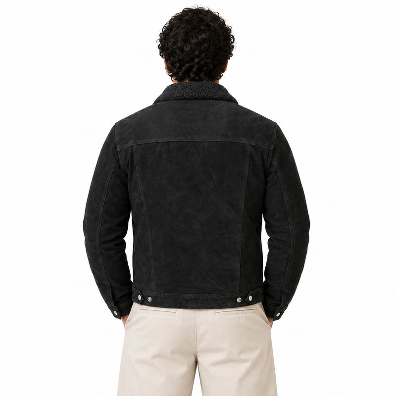 Men's black suede trucker jacket with sherpa collar back product view on pure white background