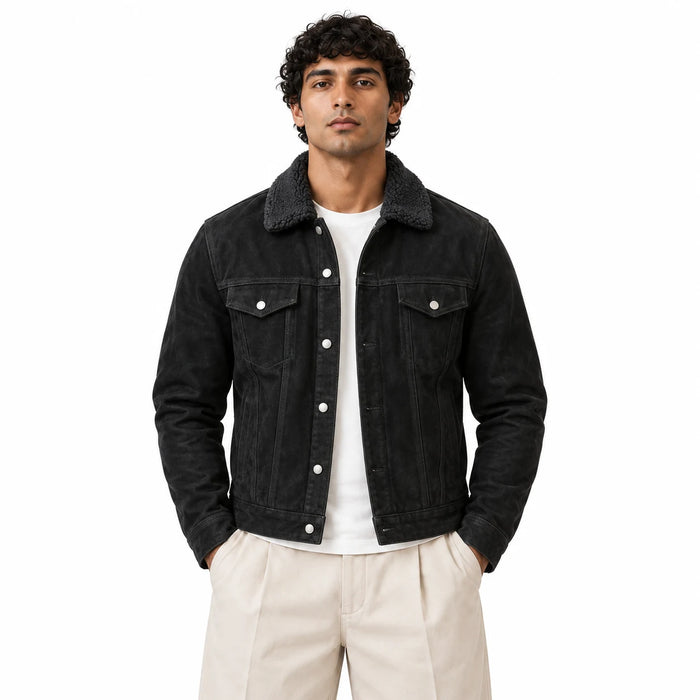 Men's black suede trucker jacket with sherpa collar front model view on pure white background