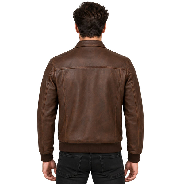 Men's genuine Harrington brown leather jacket back model view on pure white background