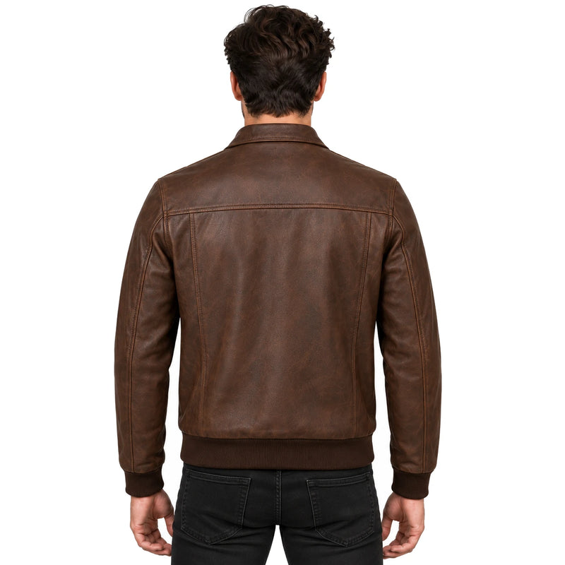 Men's genuine Harrington brown leather jacket back model view on pure white background