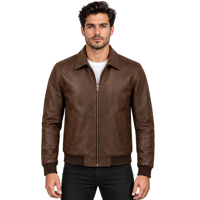 Men's genuine Harrington brown leather jacket front model view on pure white background